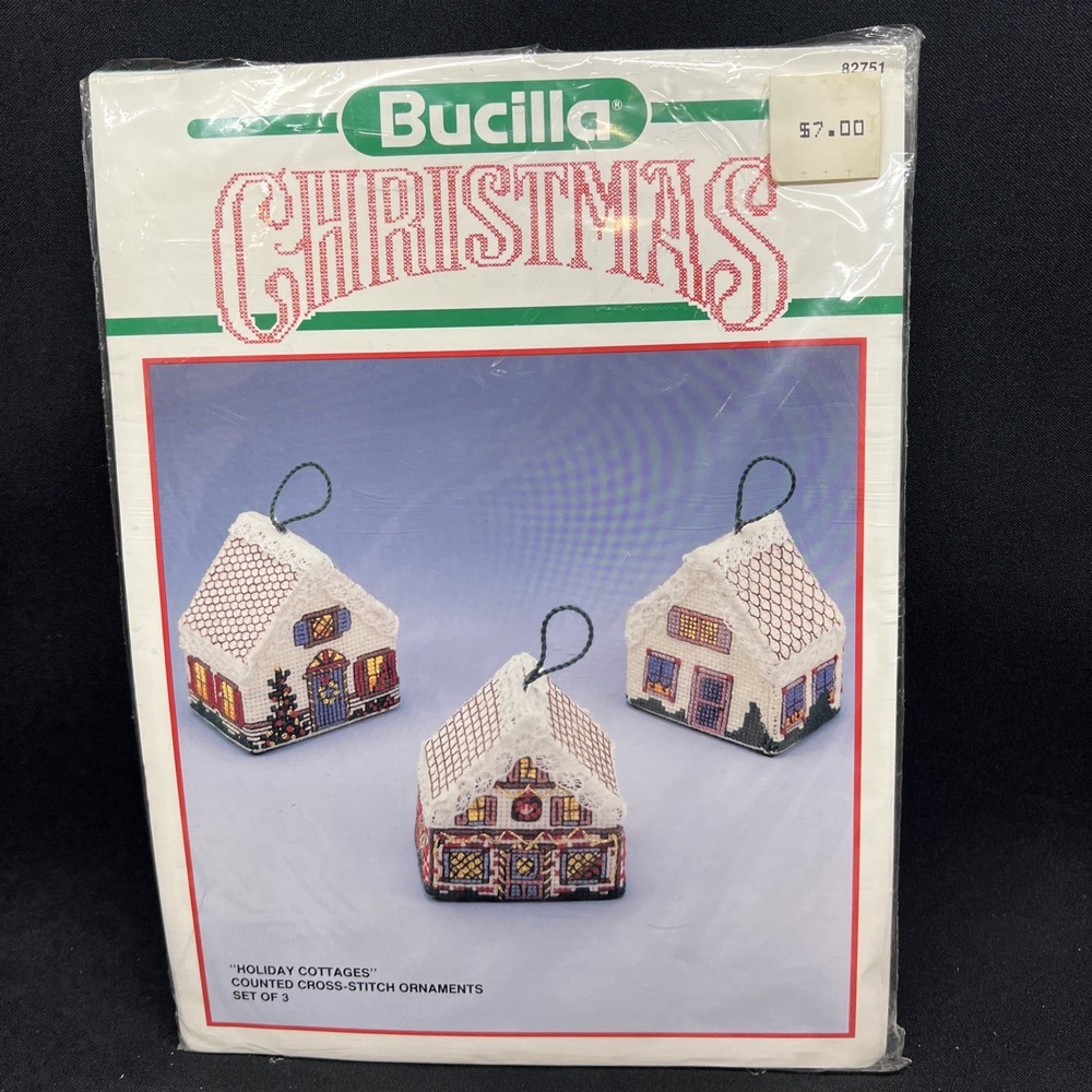 Vintage Bucilla Holiday Cottages Counted Cross Stitch Kit 82751 Ornaments 3D